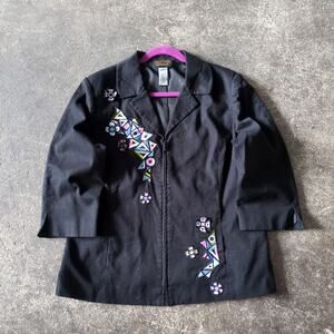 Vintage Bob Mackie Jacket Womens L Black Cottage Y2K Full Zip Coat Art Patches